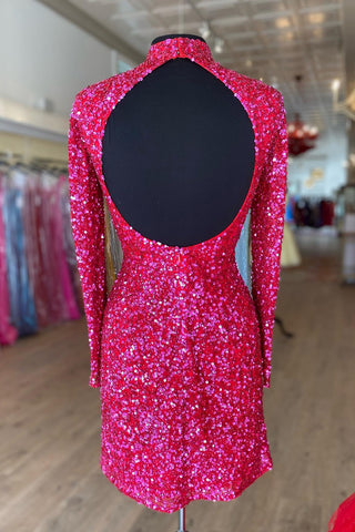 Fuchsia Bodycon Long Sleeve Homecoming Dress With Sequins
