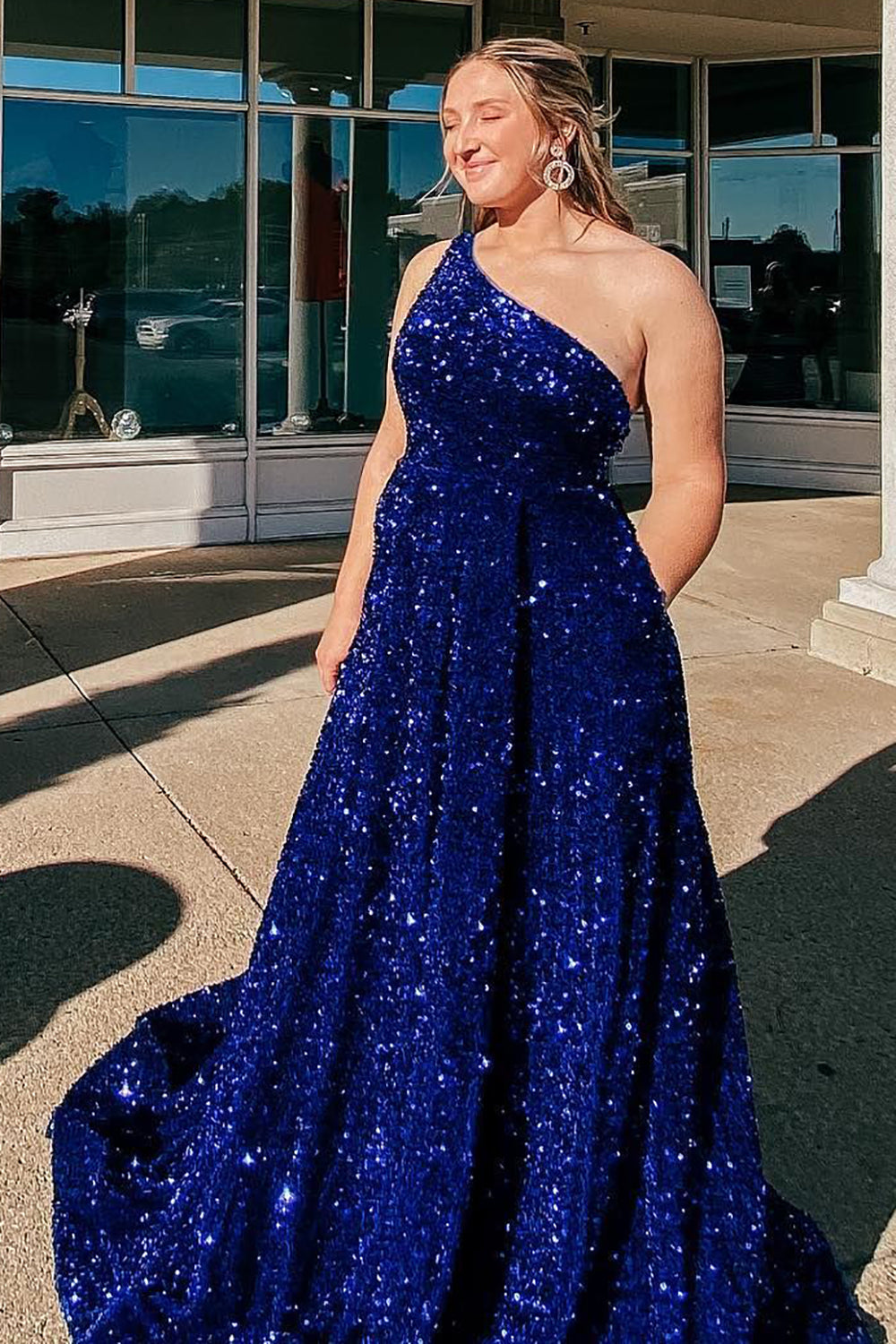 A-line One Shoulder Royal Blue Prom Dress with Beading – Luuvis