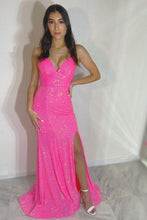 Load image into Gallery viewer, Sheath Spaghetti Straps Hot Pink Sequins Long Prom Dress with Split Front