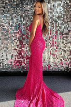 Load image into Gallery viewer, Mermaid Spaghetti Straps Hot Pink Sequins Long Prom Dress with Split Front
