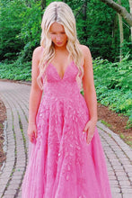 Load image into Gallery viewer, Gorgeous A Line Spaghetti Straps Pink Long Prom Dress with Appliques