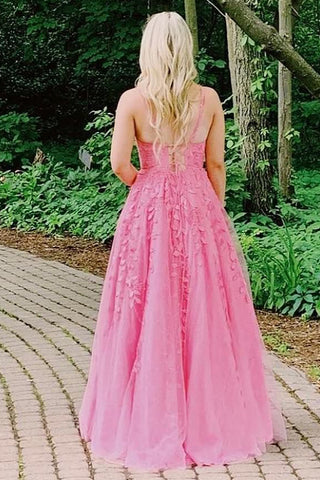 Gorgeous A Line Spaghetti Straps Pink Long Prom Dress with Appliques