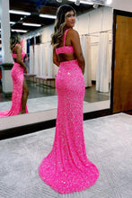 Load image into Gallery viewer, Sheath Deep V Neck Hot Pink Sequins Long Prom Dresses with Split Front
