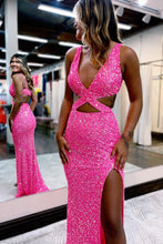 Load image into Gallery viewer, Sheath Deep V Neck Hot Pink Sequins Long Prom Dresses with Split Front
