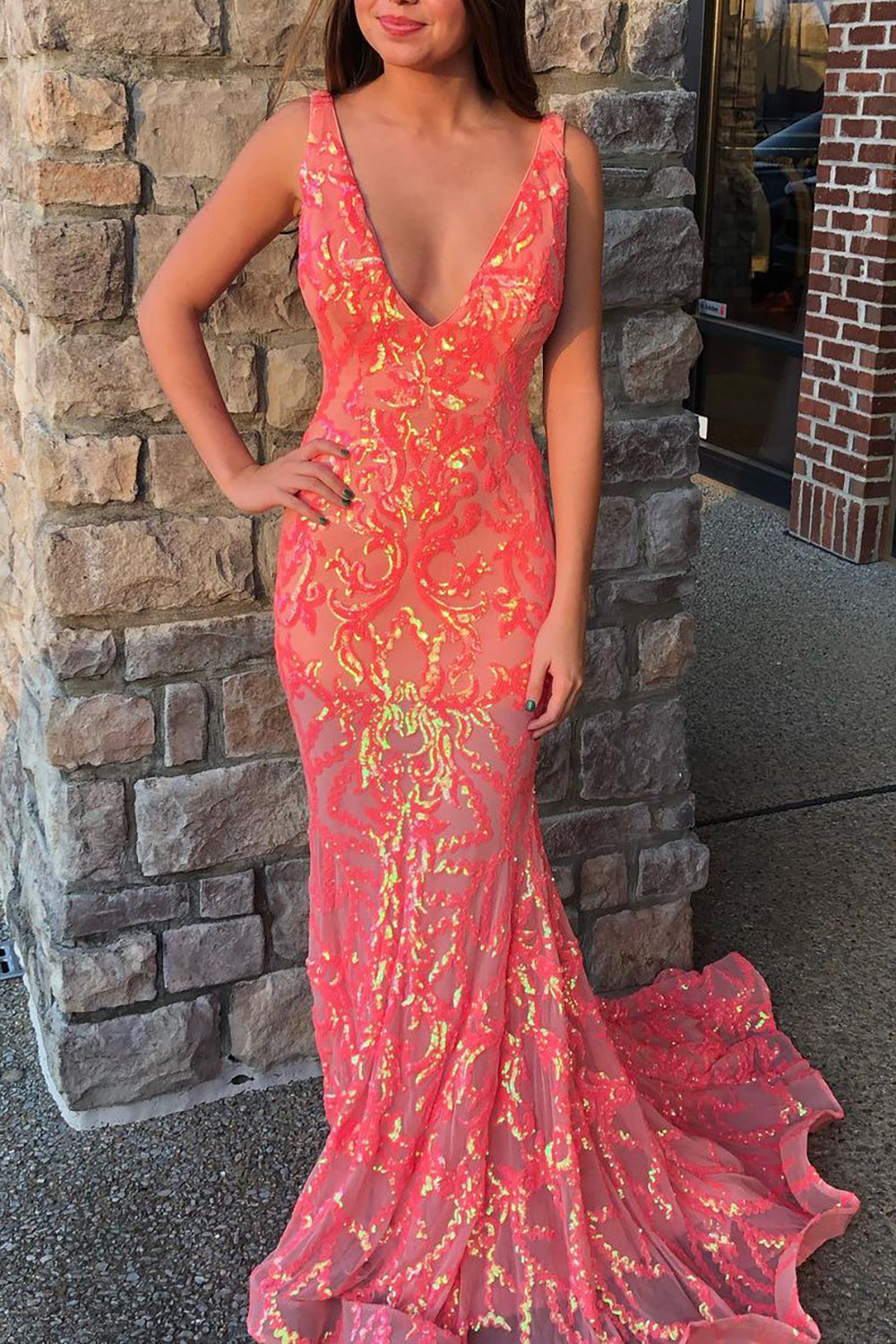 Luuvis Women Coral Sparkly Mermaid V-Neck Long Tight Prom Party Dress | Prom Party Dresses Luuvis Women Coral Sparkly Mermaid V-Neck Long Tight Prom Party Dress | Prom Party Dresses
