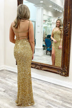 Load image into Gallery viewer, Stunning Golden Mermaid Lace Up Long Sequin Prom Dress With Slit
