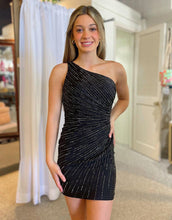 Load image into Gallery viewer, Black Sparkly One Shoulder Tight Homecoming Dress
