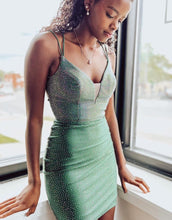 Load image into Gallery viewer, Green Glittler Spaghetti Straps Tight Homecoming Dress
