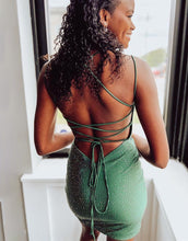 Load image into Gallery viewer, Green Glittler Spaghetti Straps Tight Homecoming Dress
