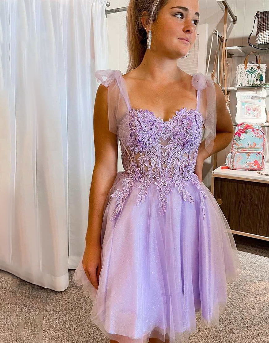 A-Line Tie Straps Short Party Dress With Appliques