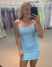 Load image into Gallery viewer, Light Blue Corset Back Short Glitter Party Dress
