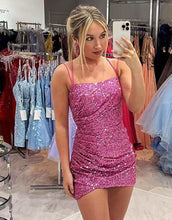 Load image into Gallery viewer, Glitter Sequin Spaghetti Straps Party Dress With Pleating
