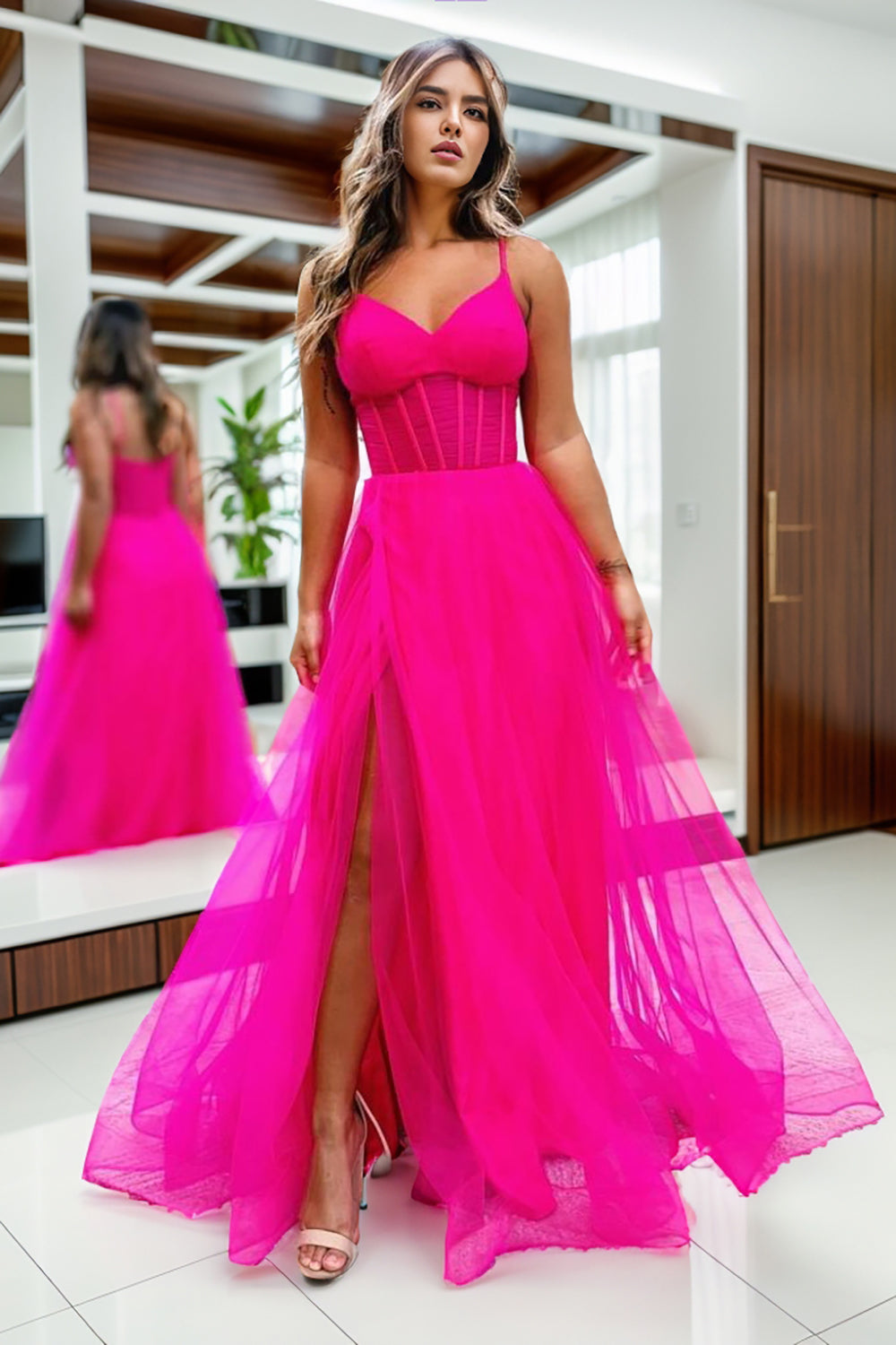 Simple Elegant Hot Pink Spaghetti Straps A-Line Long Tulle Prom Dress with Slit