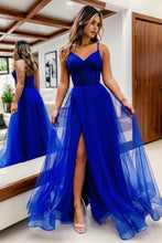 Load image into Gallery viewer, Simple Elegant Hot Pink Spaghetti Straps A-Line Long Tulle Prom Dress with Slit
