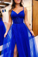Load image into Gallery viewer, Simple Elegant Hot Pink Spaghetti Straps A-Line Long Tulle Prom Dress with Slit
