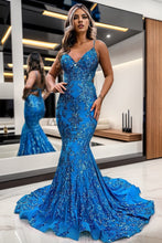 Load image into Gallery viewer, Sparkly Blue Mermaid Spaghetti Straps Sequins Long Backless Prom Dress
