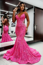 Load image into Gallery viewer, Sparkly Blue Mermaid Spaghetti Straps Sequins Long Backless Prom Dress
