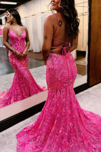 Load image into Gallery viewer, Sparkly Blue Mermaid Spaghetti Straps Sequins Long Backless Prom Dress
