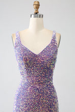 Load image into Gallery viewer, Sparkly Light Purple Lace-Up Back Long Sequin Prom Dress with Fringe
