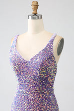 Load image into Gallery viewer, Sparkly Light Purple Lace-Up Back Long Sequin Prom Dress with Fringe
