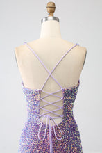 Load image into Gallery viewer, Sparkly Light Purple Lace-Up Back Long Sequin Prom Dress with Fringe
