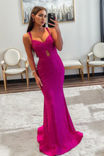 Load image into Gallery viewer, Shiny Fuchsia Mermaid Straps Long Corset Beaded Prom Dress
