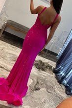 Load image into Gallery viewer, Shiny Fuchsia Mermaid Straps Long Corset Beaded Prom Dress

