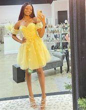 Load image into Gallery viewer, Yellow Off The Shoulder Homecoming Dress With Appliques
