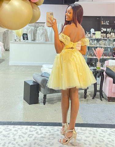 Yellow Off The Shoulder Homecoming Dress With Appliques